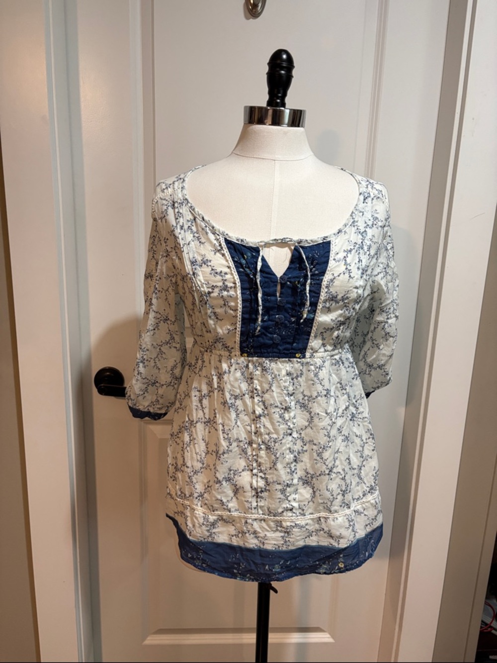 Women's Blue Floral Peasant Top with Navy Trim